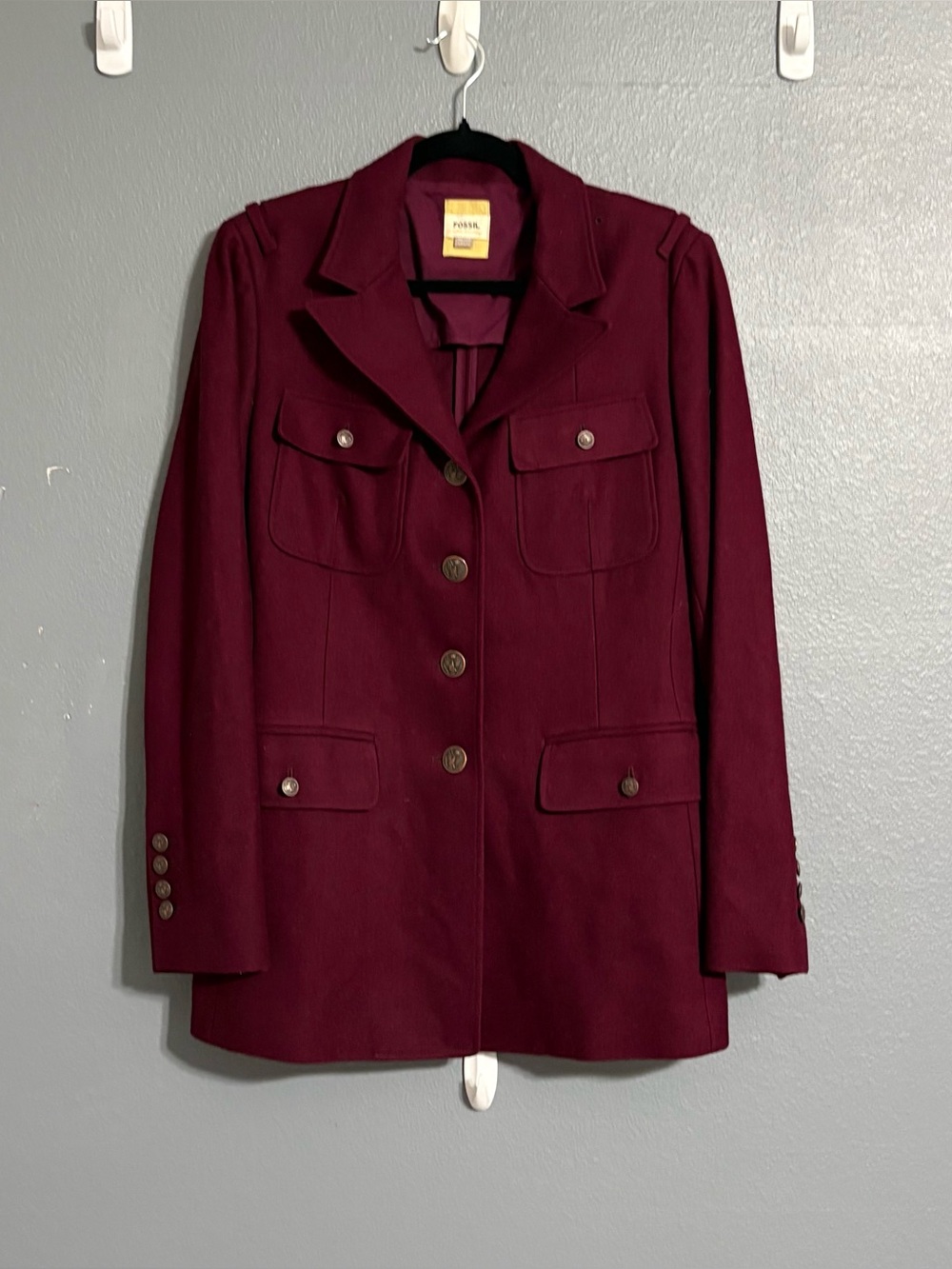 Fossil Women’s Burgundy Military Utility Blazer Jacket Size L Eagle Buttons - Picture 3 of 6